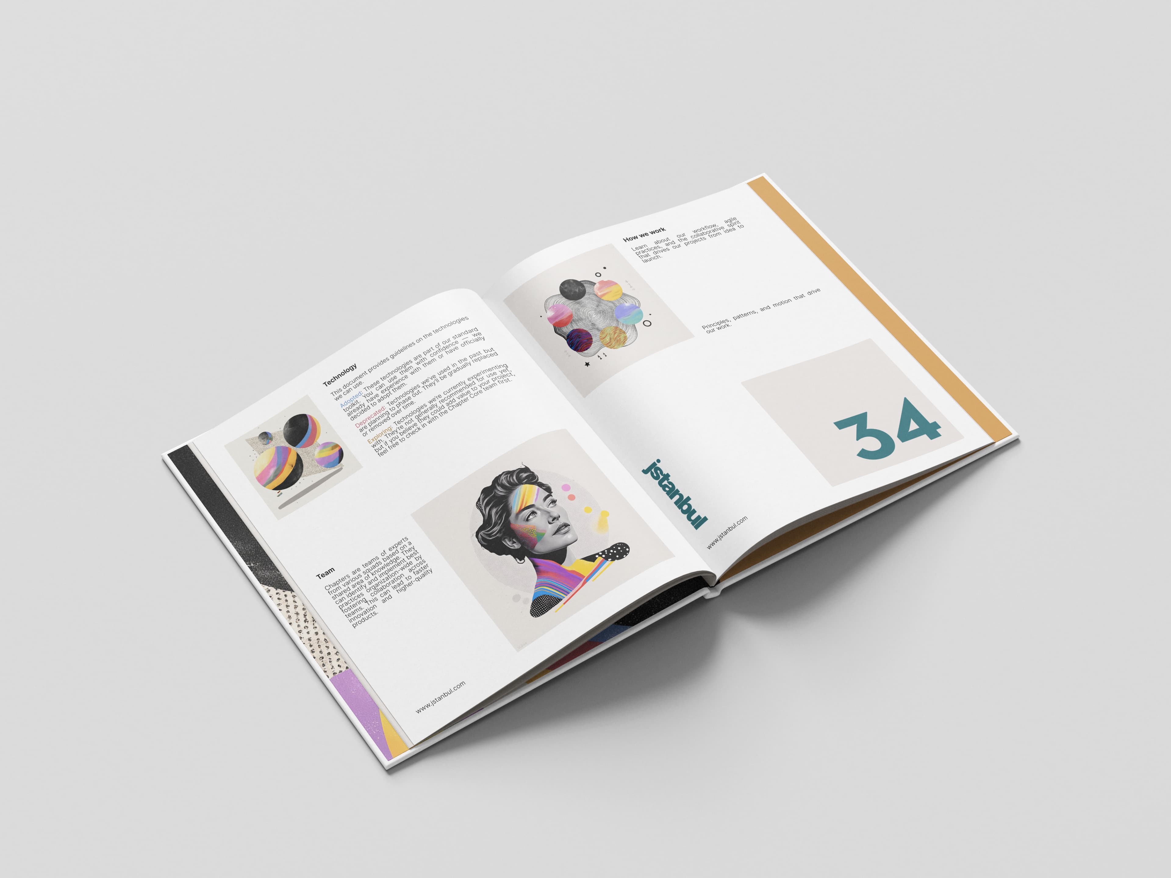 Angled view of the handbook's technology and process spread
